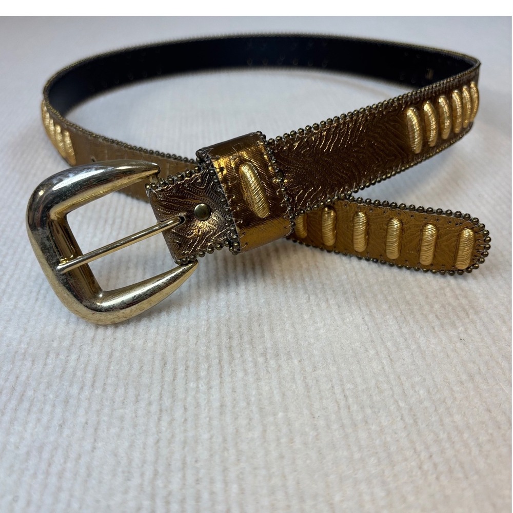 Vintage Metallic Gold Leather Animal Print Belt Made in USA Ribbed Accents
